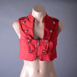 Red Military Steampunk Goth Punk Sexy Sleeveless Zip Up Crop Top Vest S M L